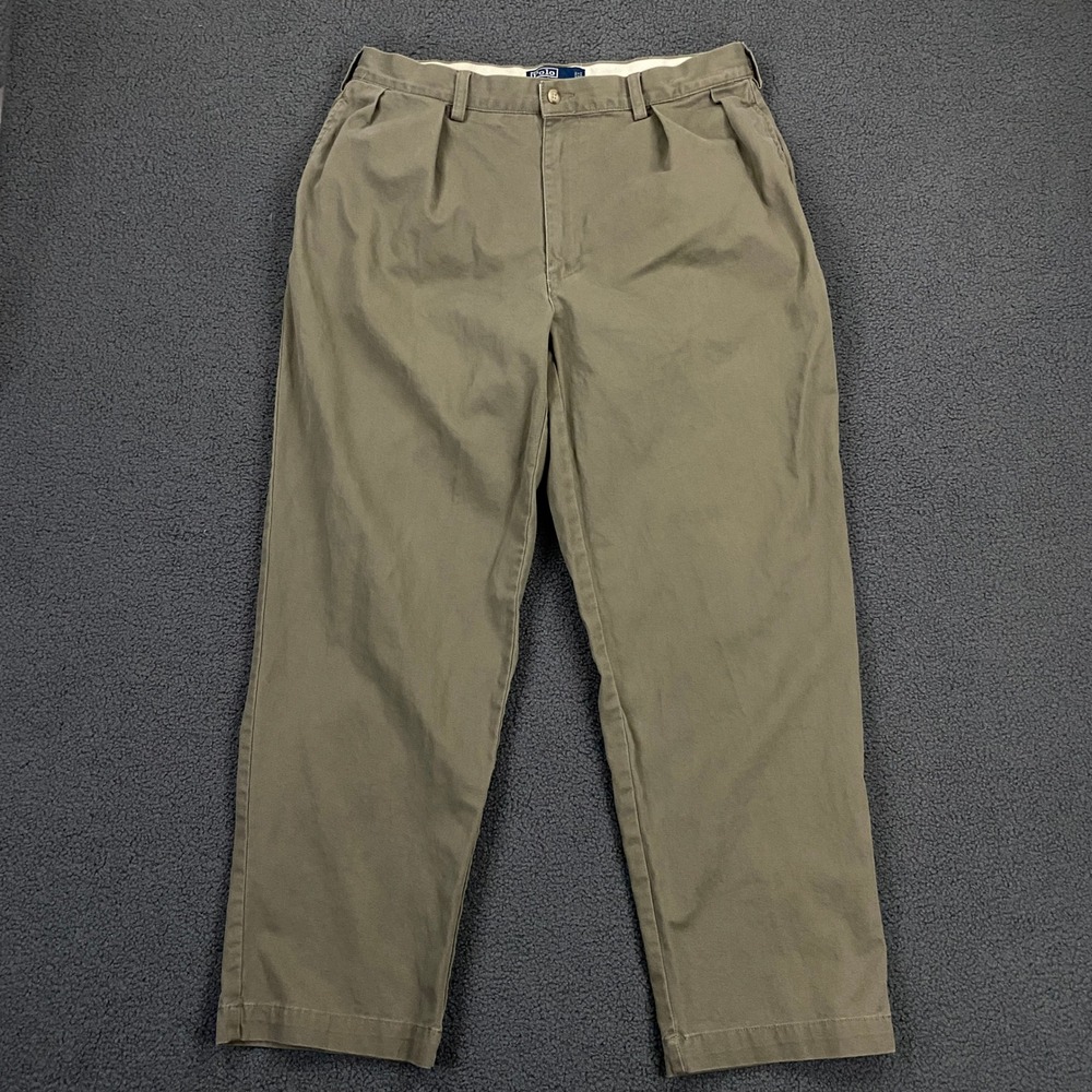 VTG Polo Ralph Lauren Andrew Pant FITS 34x30 Olive Pleated Cotton Chino Trousers